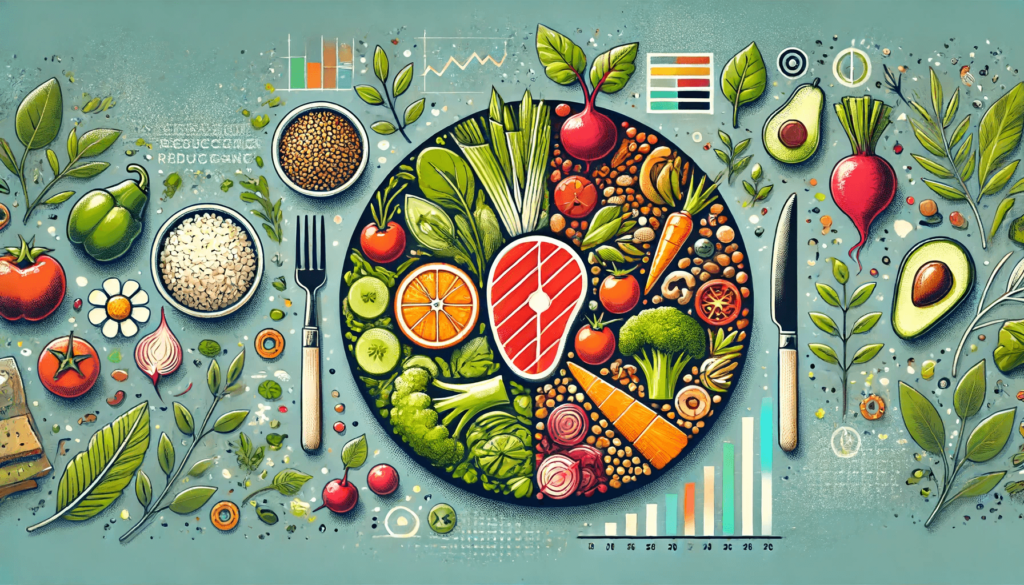 An illustration of various foods showcasing the reducetarian diet.