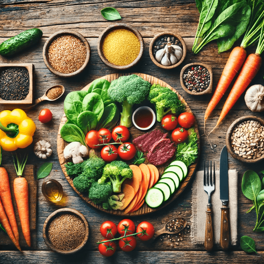 A table with various vegetables on it, including carrots, broccoli, and cucumber.