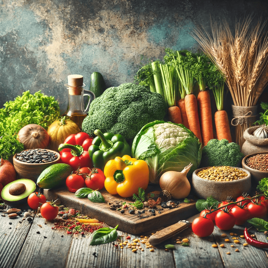 Various vegetables on a table including peppers, carrots and broccoli.