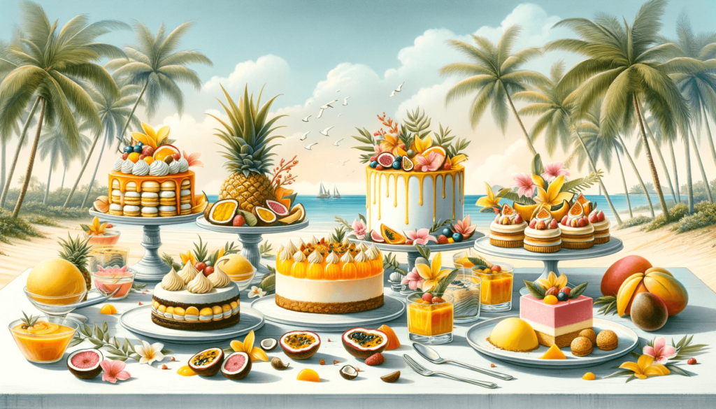 A table with various tropical desserts on top of it.