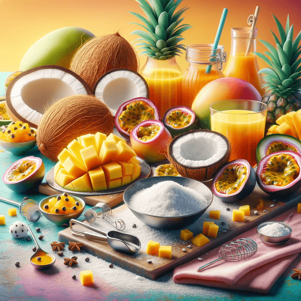 Various tropical ingredients including coconuts, mango and passionfruit.