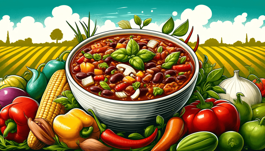 An illustration of a bowl of vegetarian chili surrounded by various ingredients.