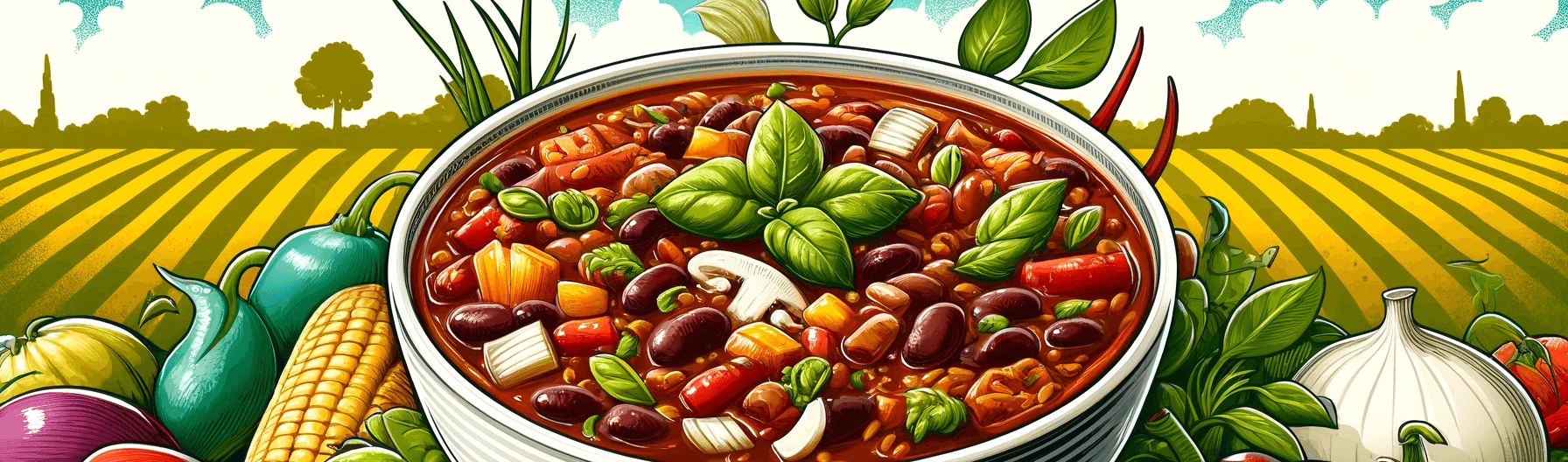 An illustration of a bowl of vegetarian chili surrounded by various ingredients.