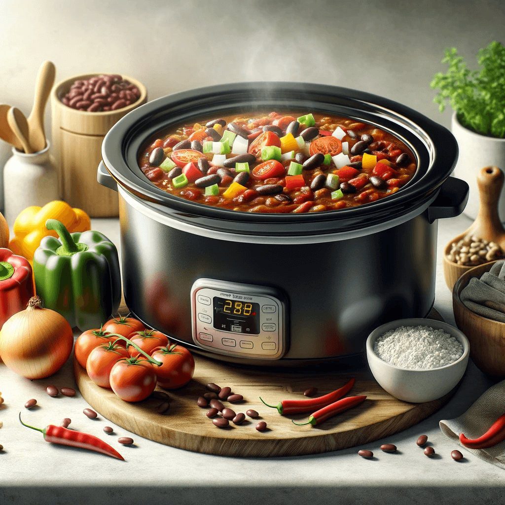 A slow cooker with vegetarian chili cooking in it.