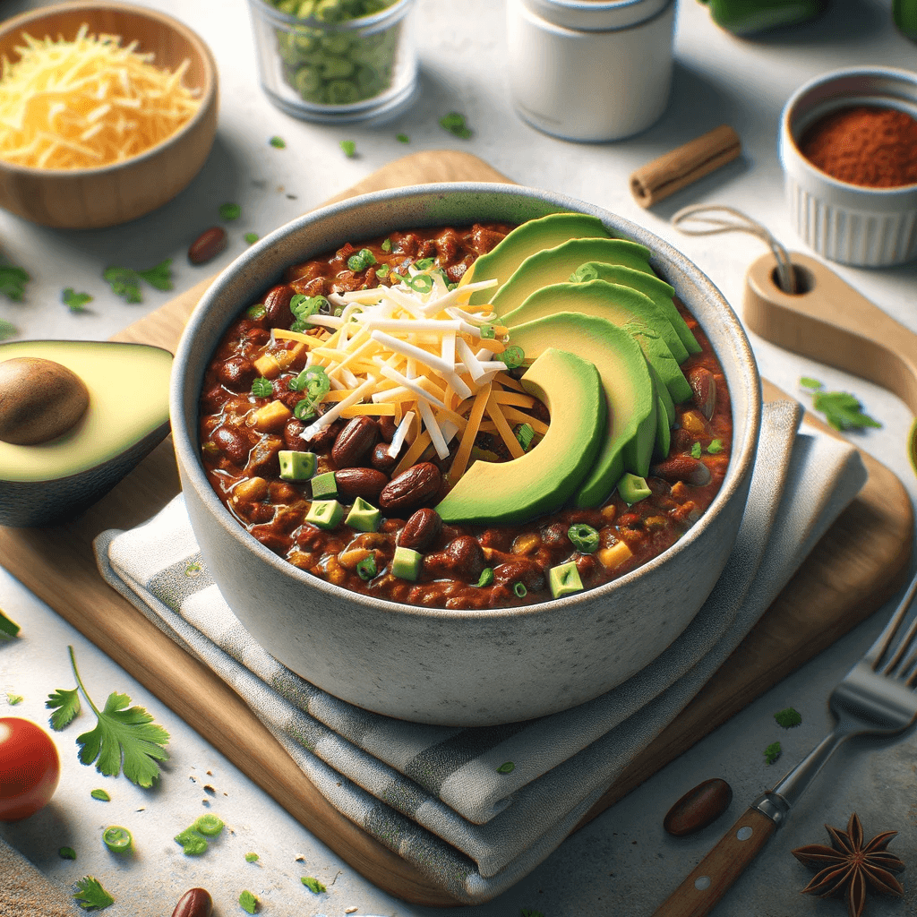 A bowl of vegetarian chili with avocado.