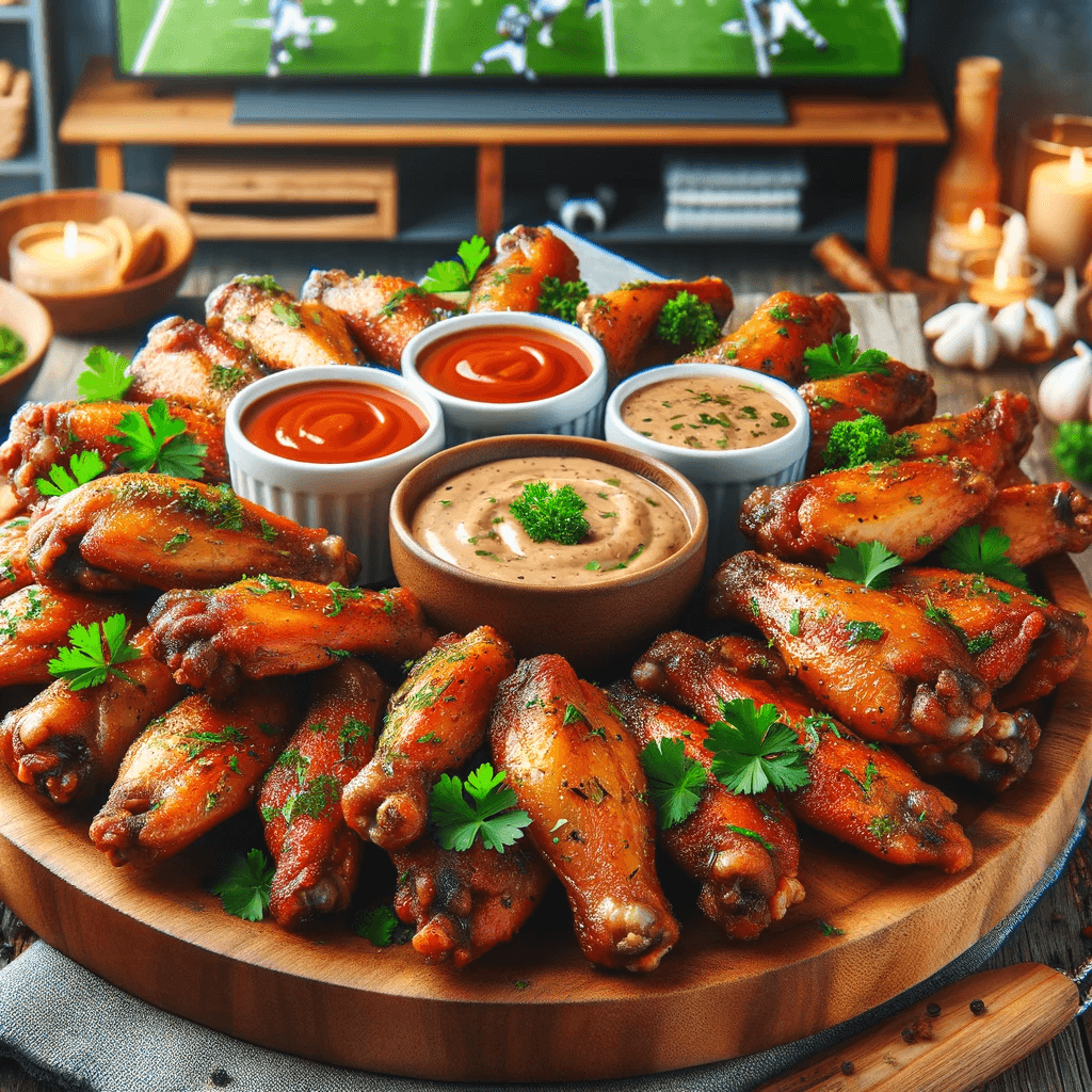 A plate of crispy chicken wings being served as someone watches American football.