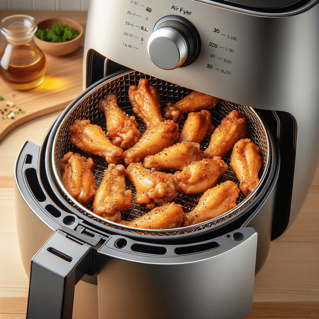 Chicken wings being cooked in an air fryer.