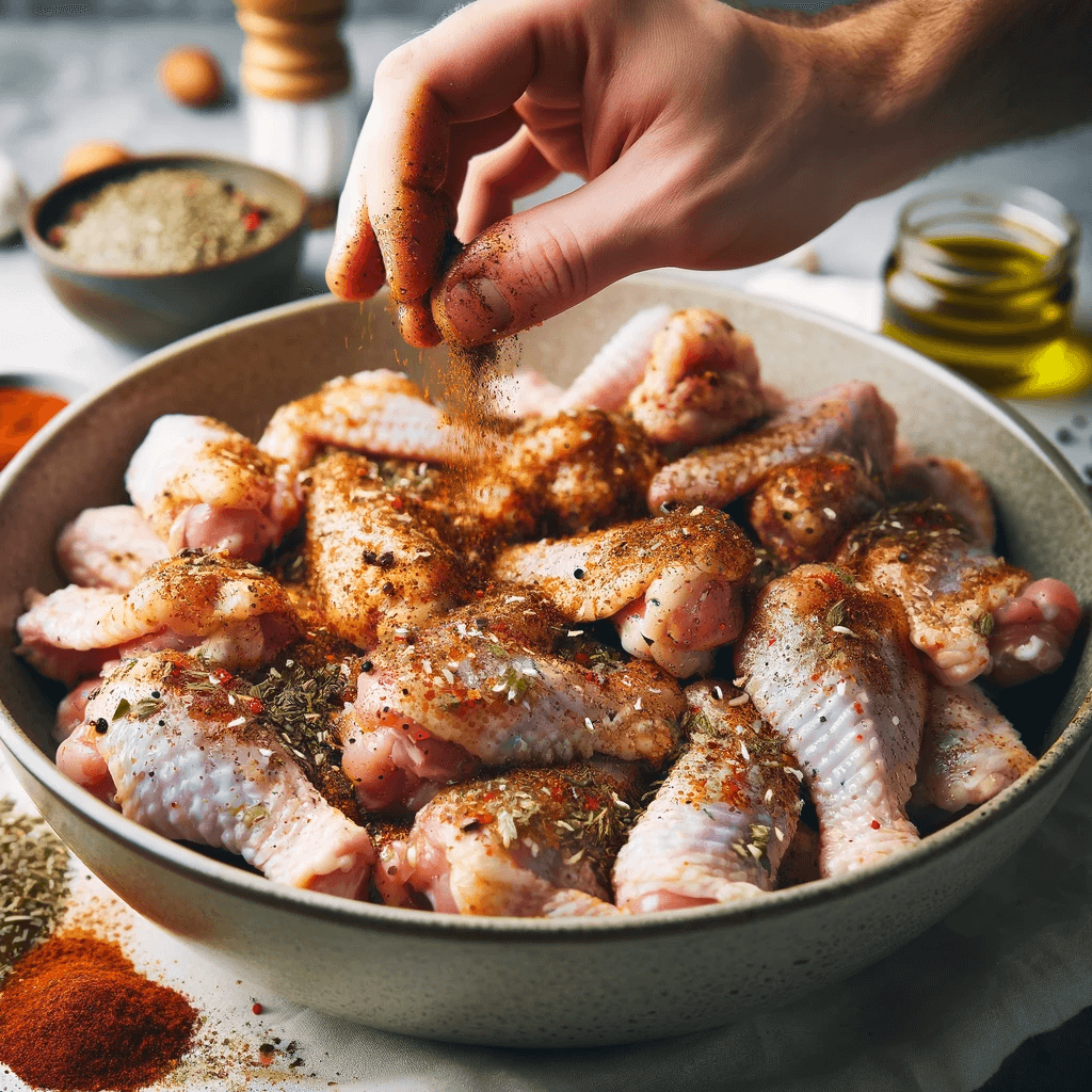 A person seasoning chicken wings.