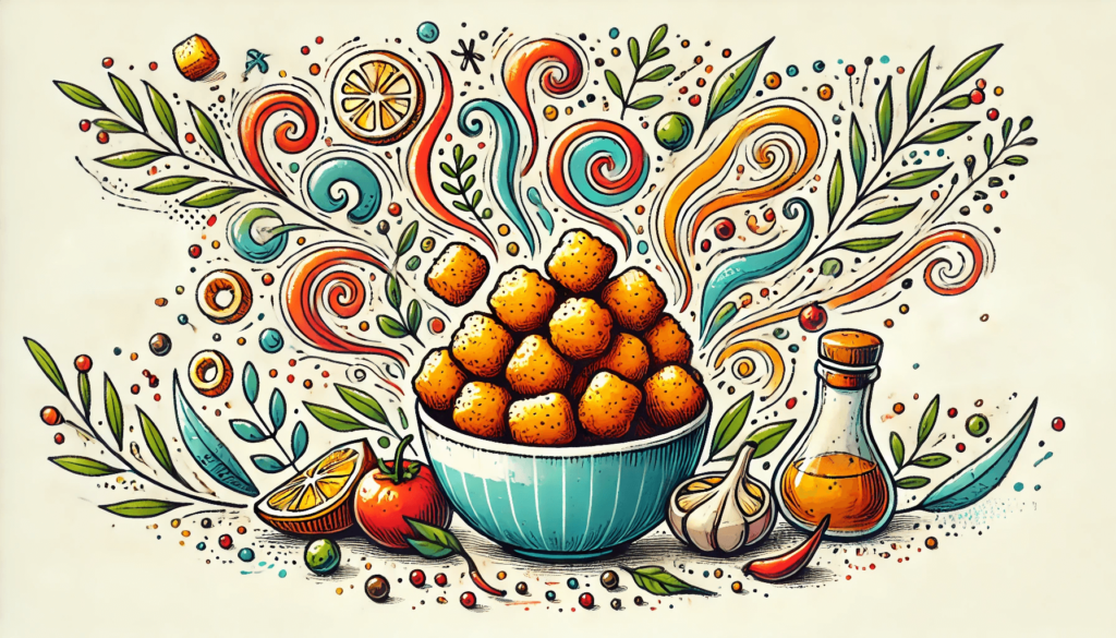 An illustration of a bowl of crispy tater tots.