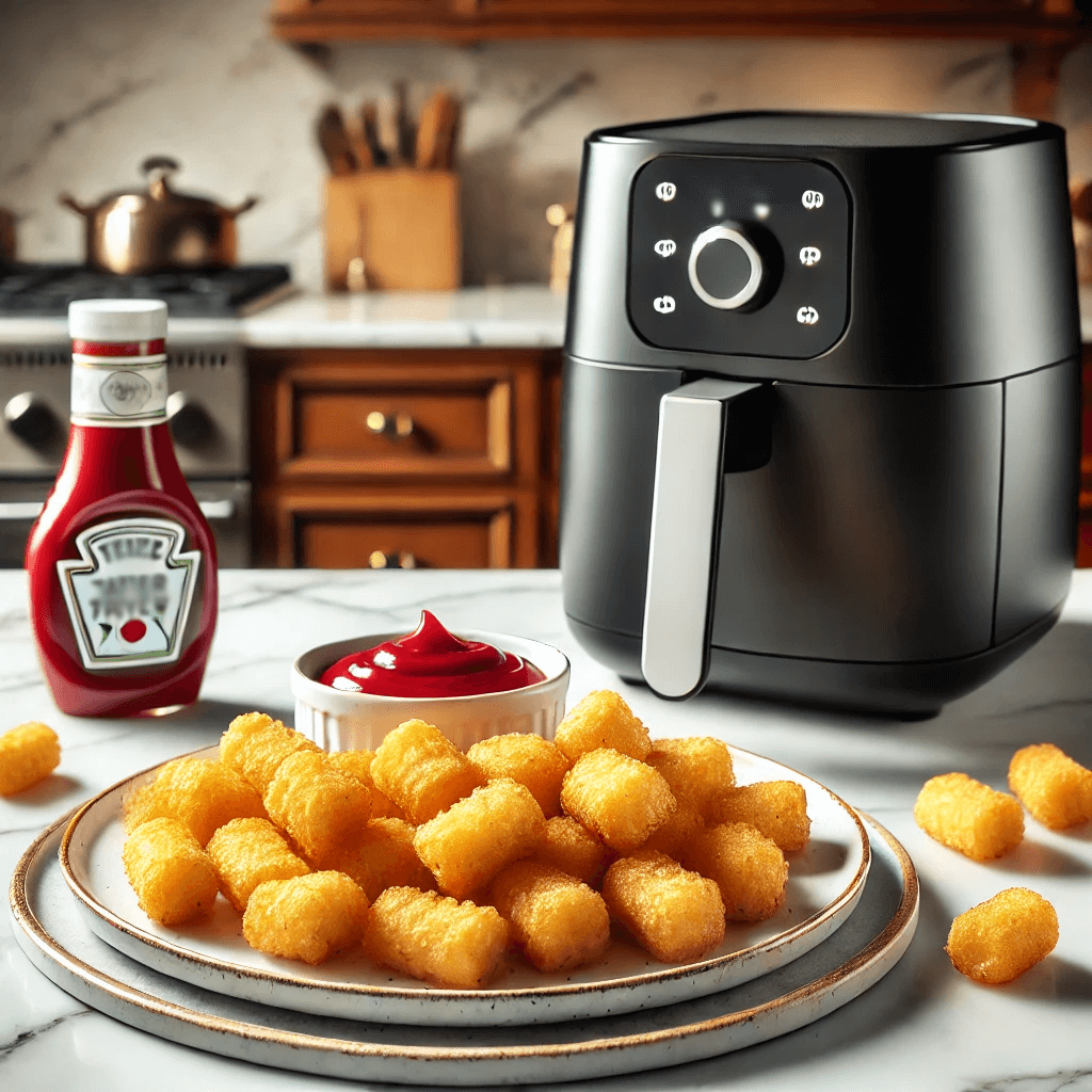 A plate of crispy tater tots next to an air fryer on a kitchen counter.