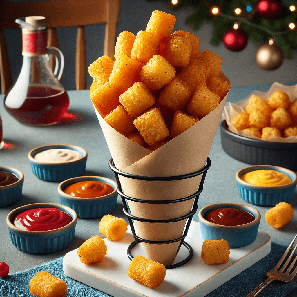 A paper cone filled with crispy tater tots on a table next to various dipping sauces.