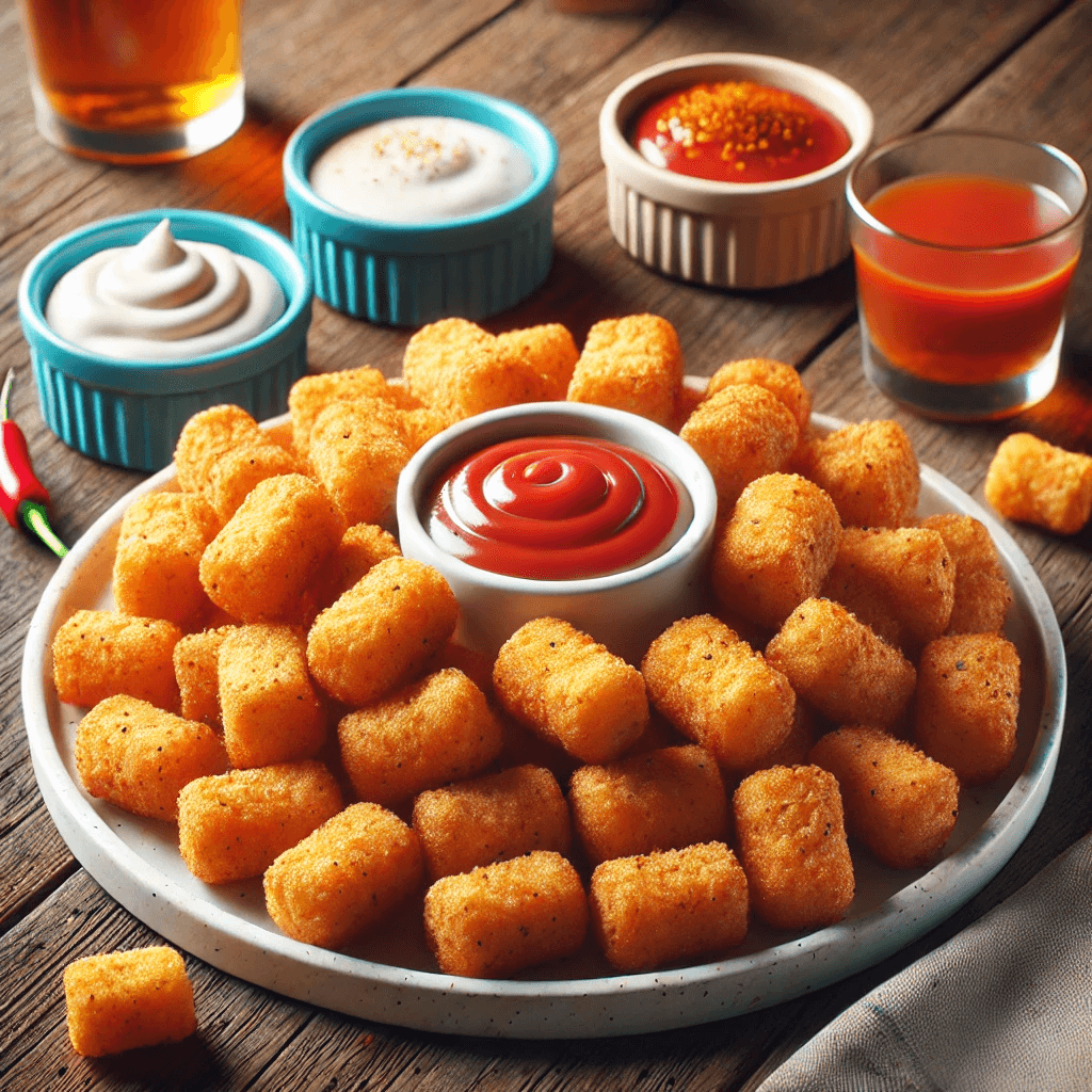 A plate of crispy tater tots next to various dipping sauces.