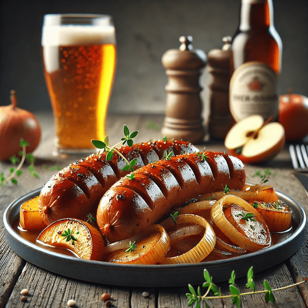 A plate of beer-braised sausages with caramelized onions and apples with a glass of beer.