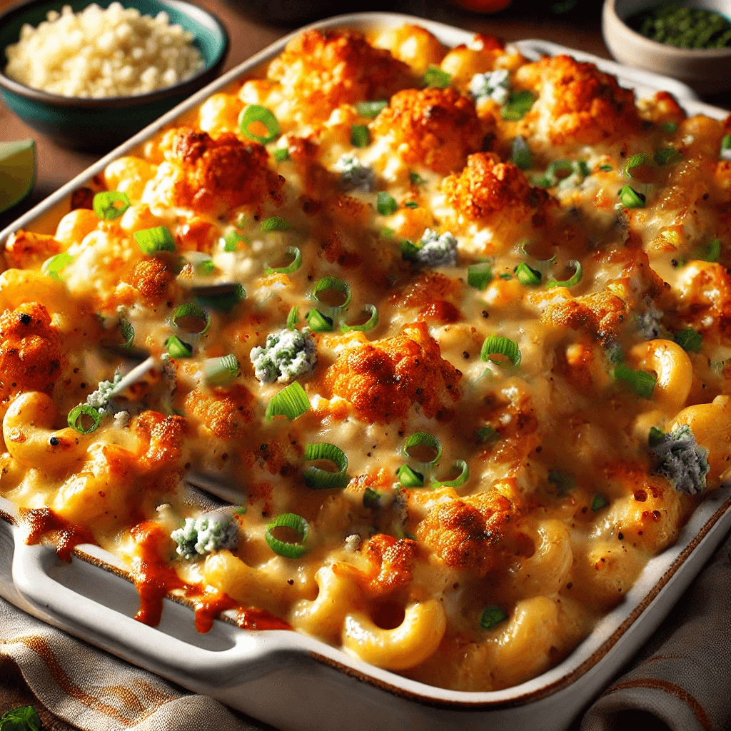 A tray of buffalo cauliflower mac and cheese.