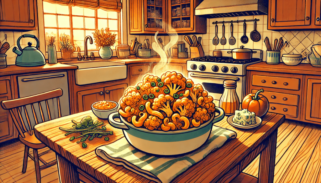 An illustration of a bowl of buffalo cauliflower mac and cheese on a kitchen table.