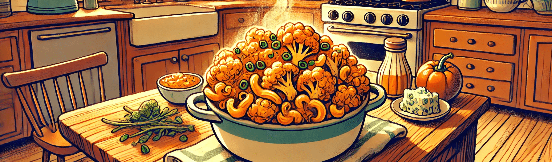 An illustration of a bowl of buffalo cauliflower mac and cheese on a kitchen table.