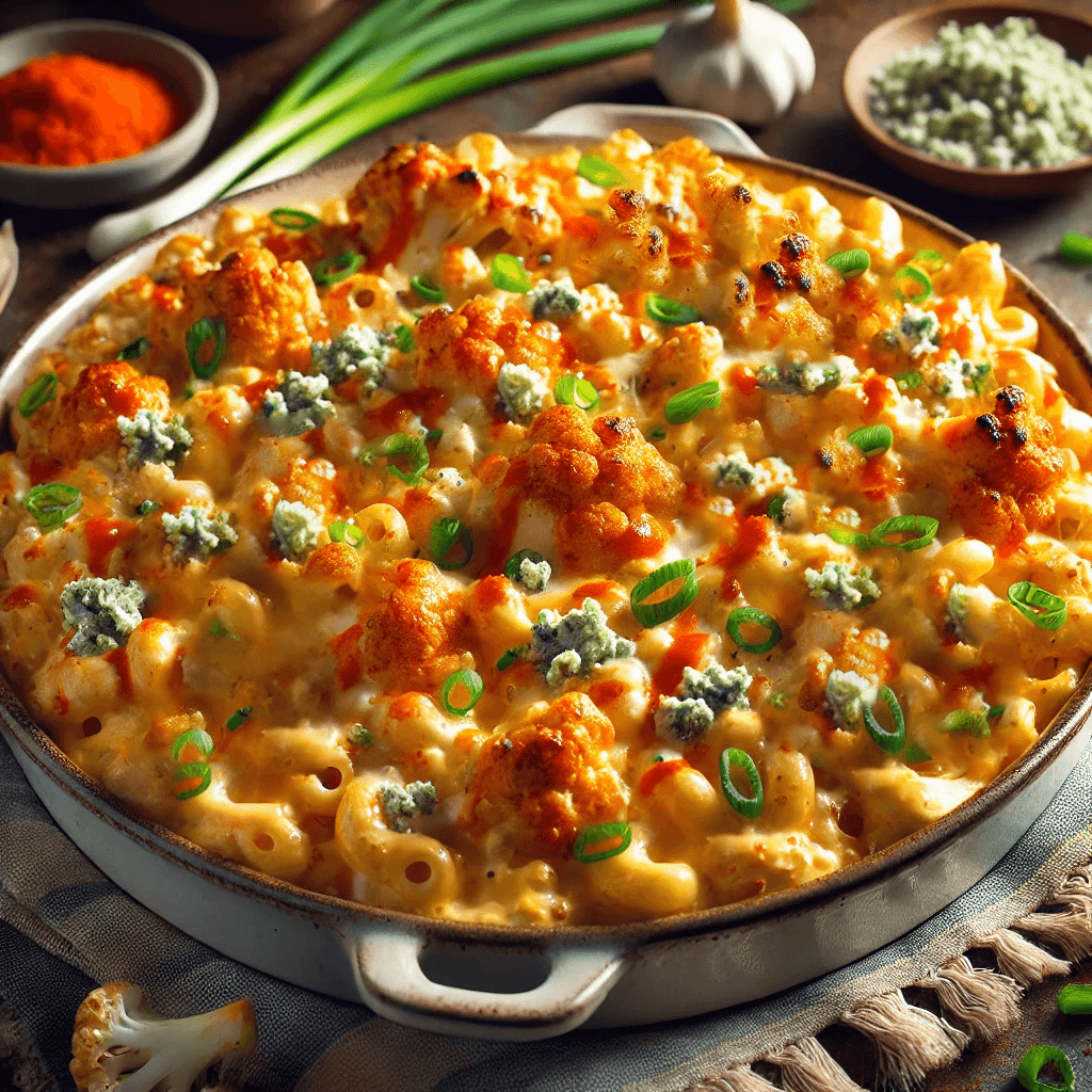 A tray of buffalo cauliflower mac and cheese.