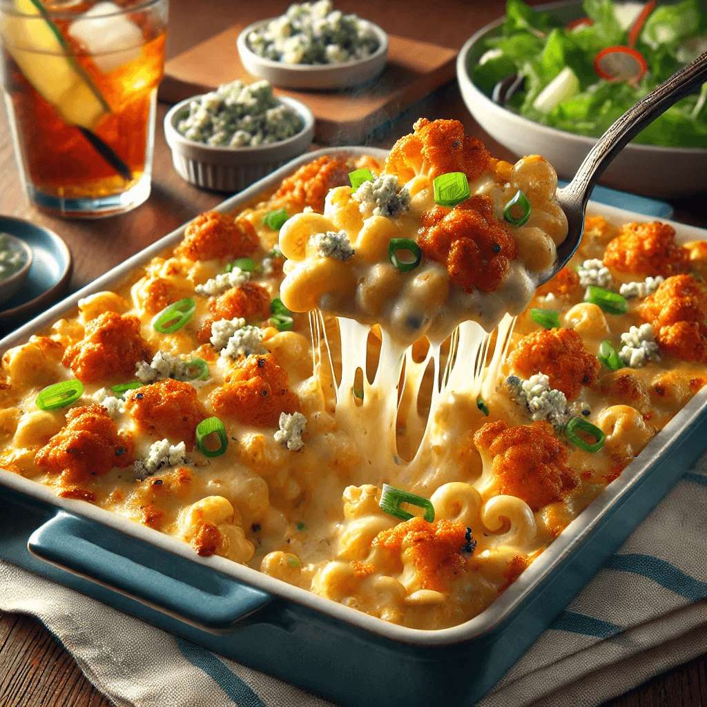 A tray of buffalo cauliflower mac and cheese.