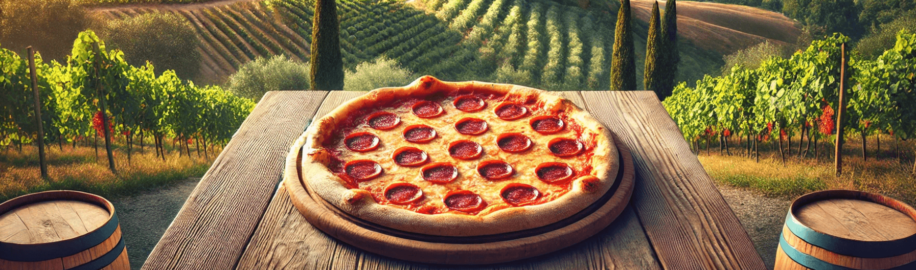 A pepperoni pizza on a table outdoors.