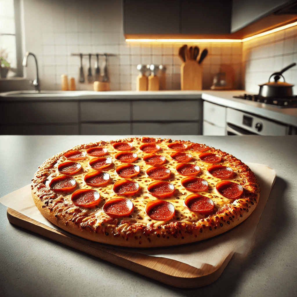 A pepperoni pizza sitting on a kitchen counter.