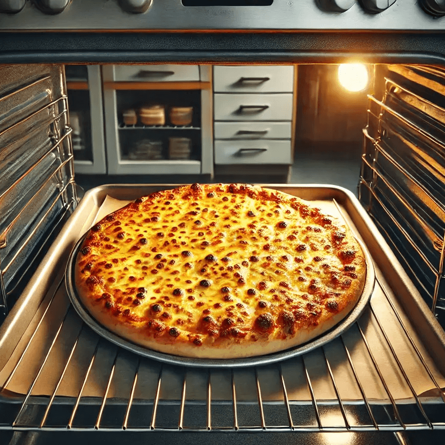 A pizza baking in an oven.