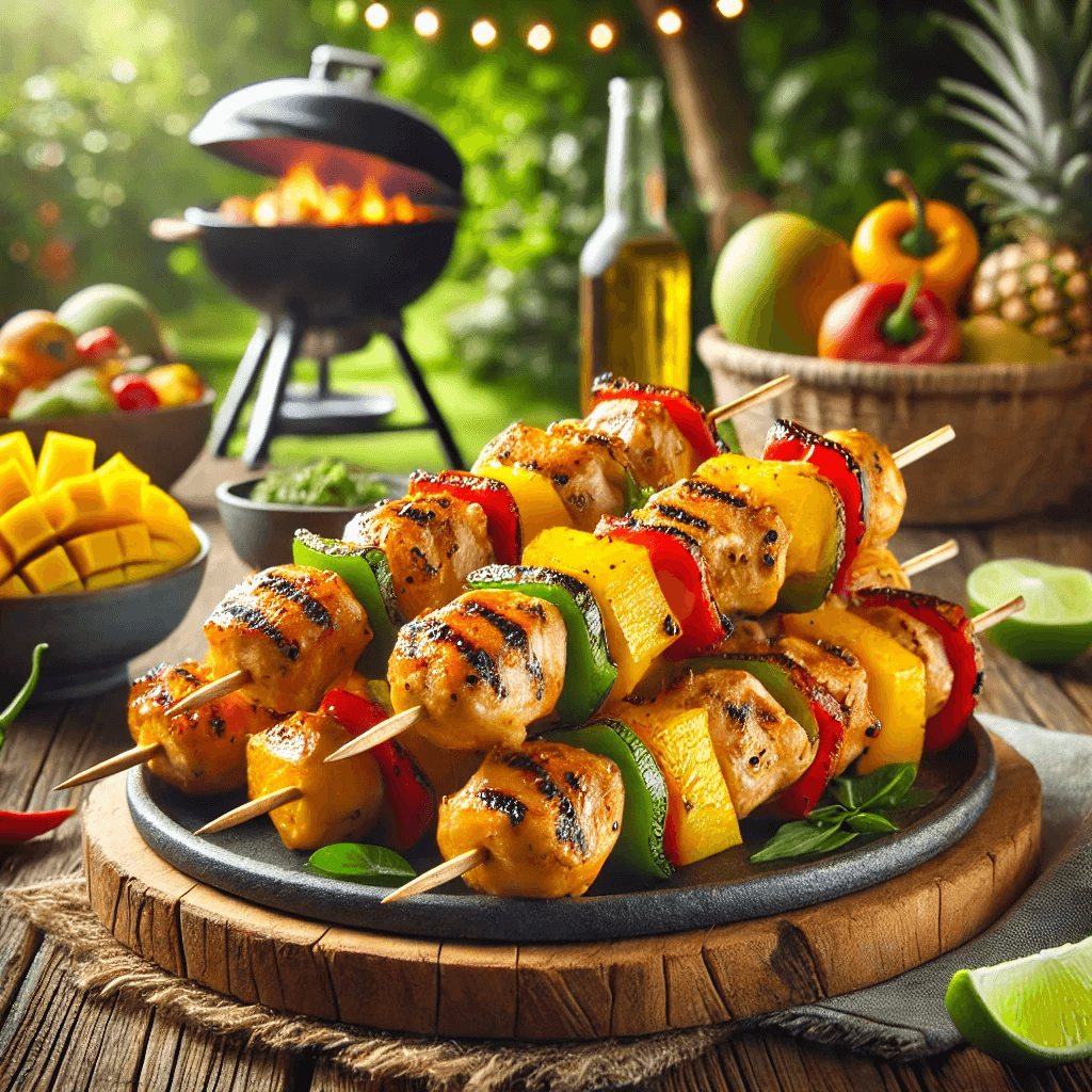 A plate of mango habanero chicken skewers on a table.