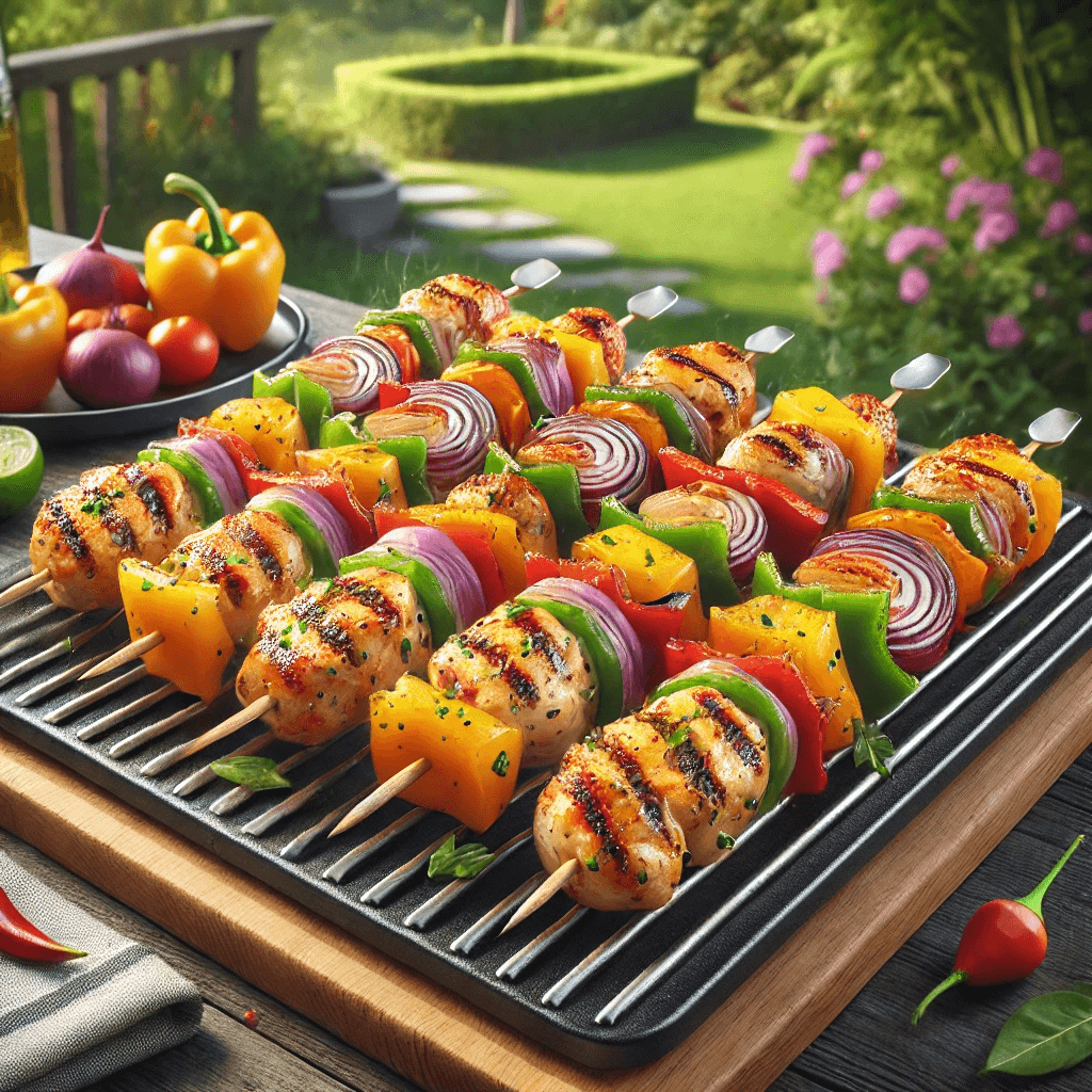 Mango habanero chicken skewers being grilled at a barbecue.