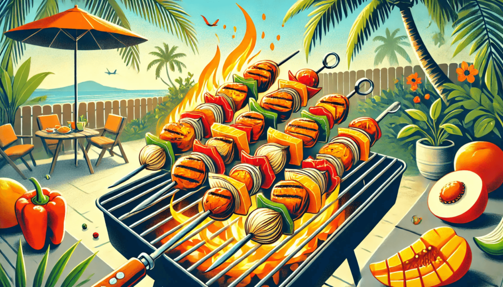 An illustration of mango habanero chicken skewers grilling at a barbecue.