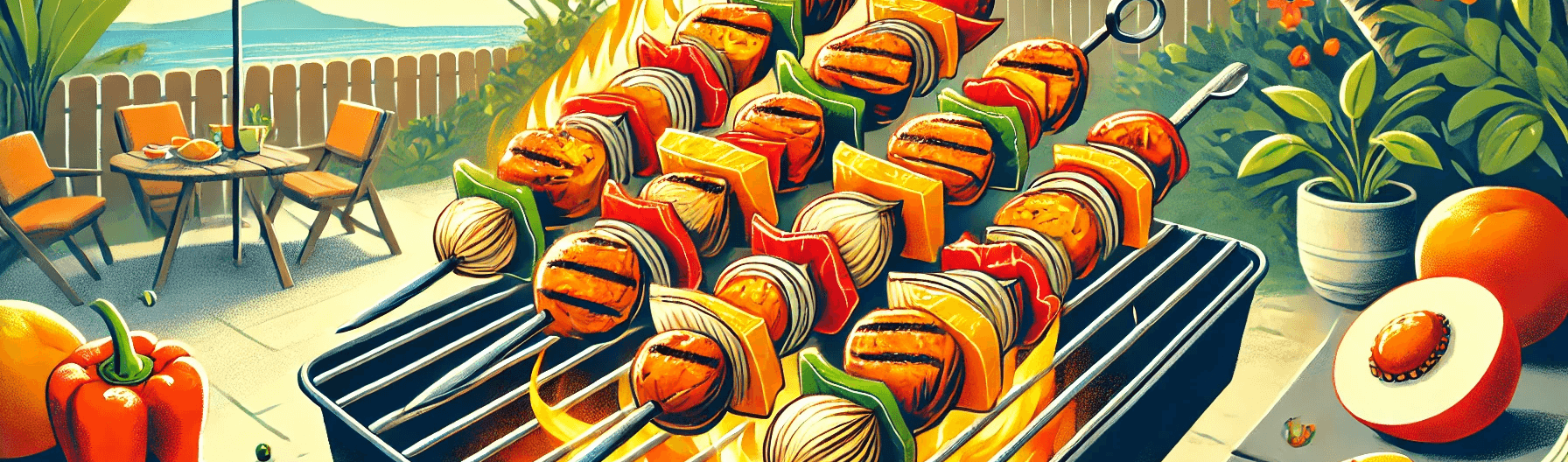 An illustration of mango habanero chicken skewers grilling at a barbecue.