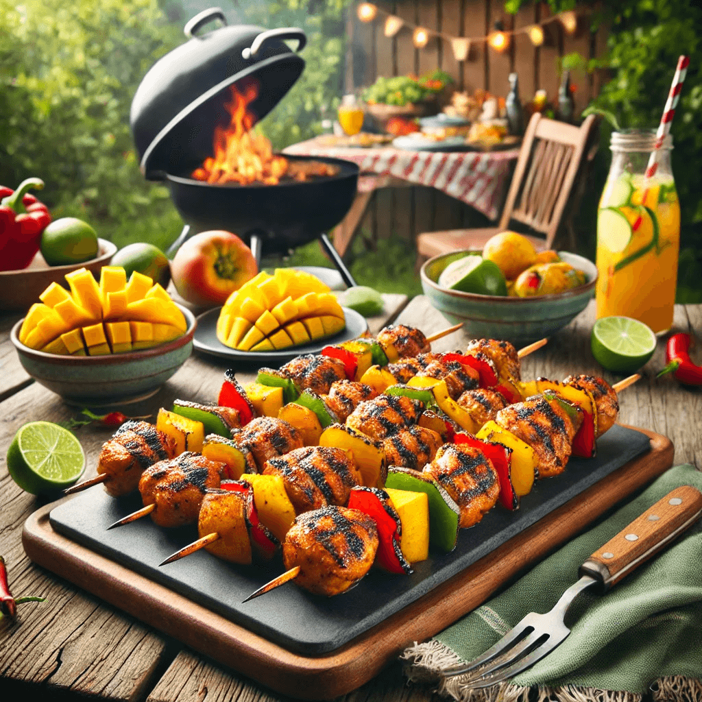 Mango habanero chicken skewers on a table at a barbecue.