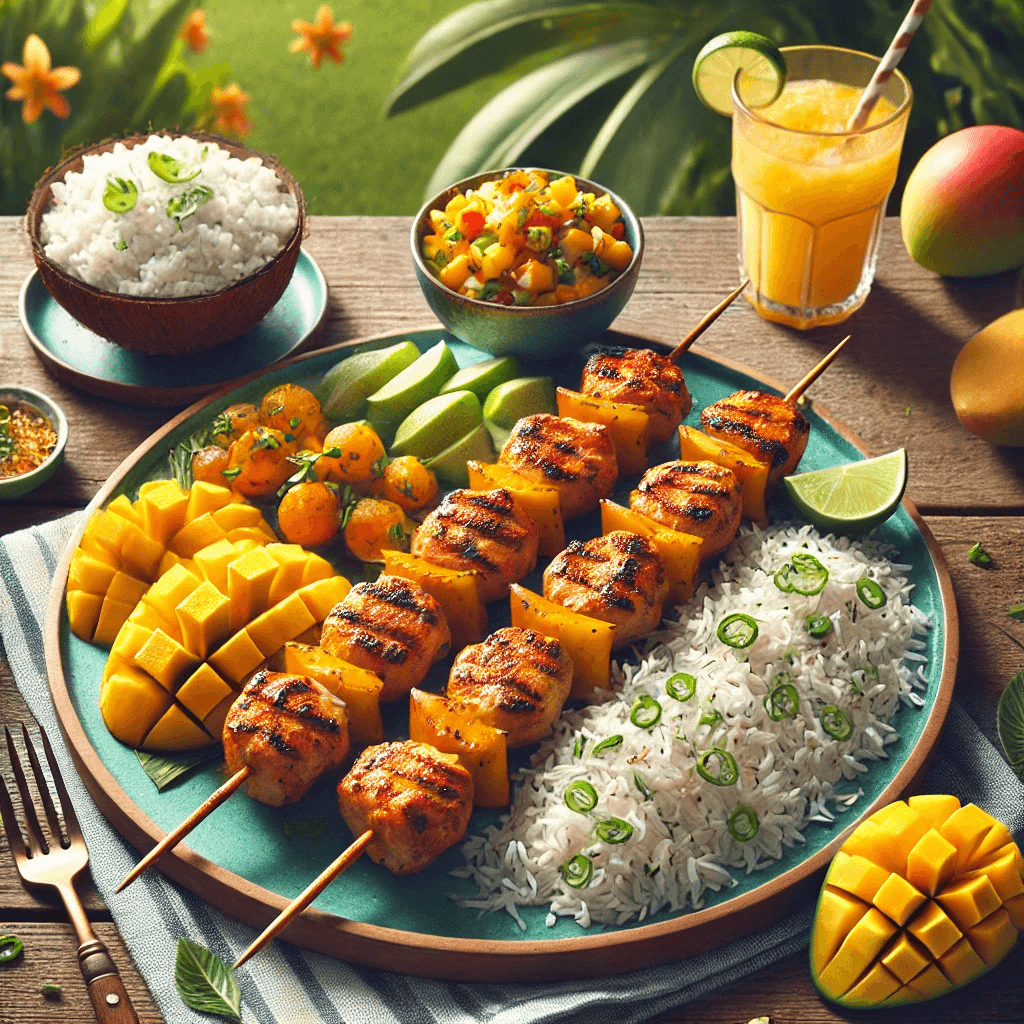 A plate of mango habanero chicken skewers on a table.