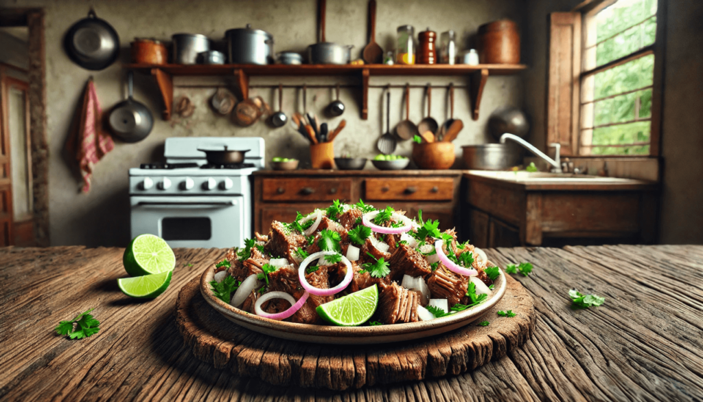 A plate of carnitas sitting on a kitchen table.