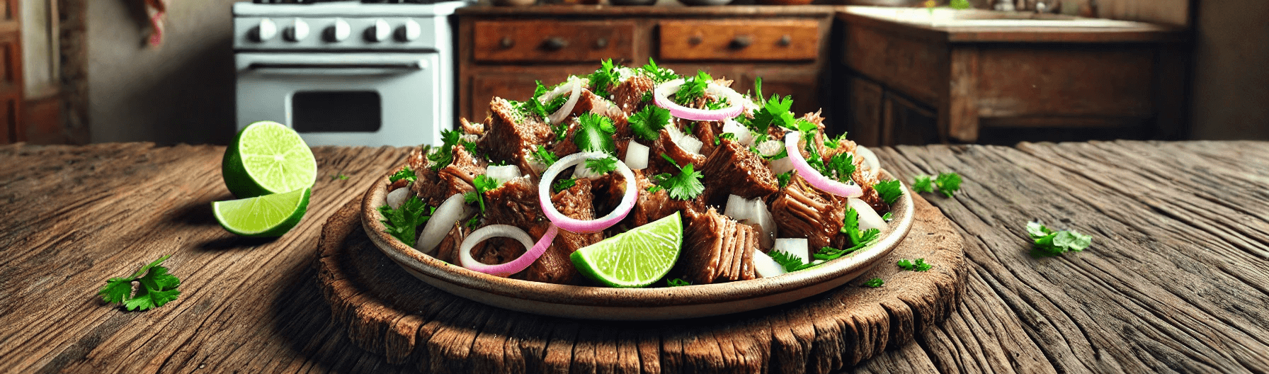 A plate of carnitas sitting on a kitchen table.