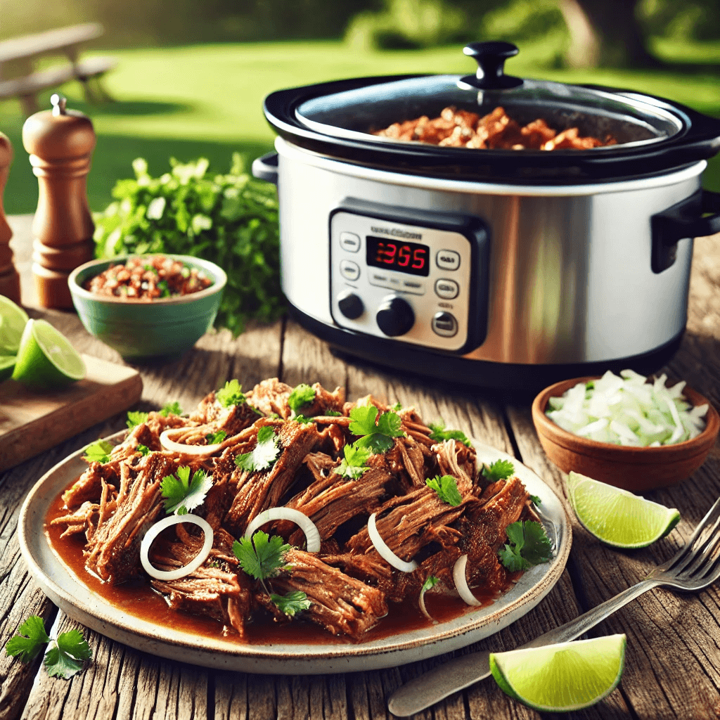 A plate of carnitas next to a slow cooker on an outdoor table.