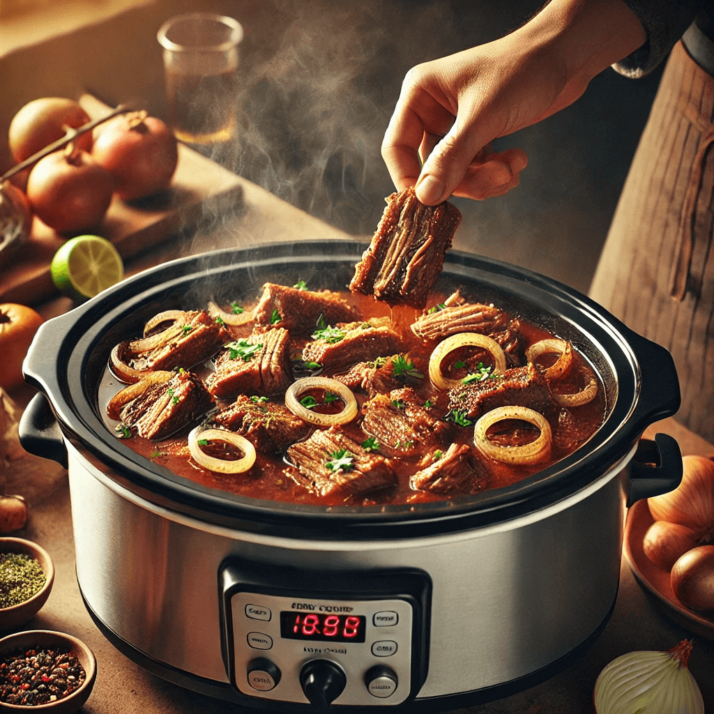 Carnitas being cooked in a slow cooker.