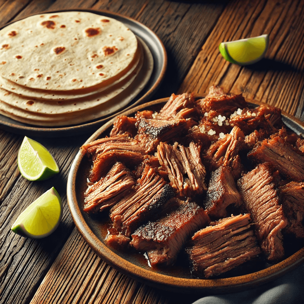 A plate of carnitas next to a plate of tortillas.